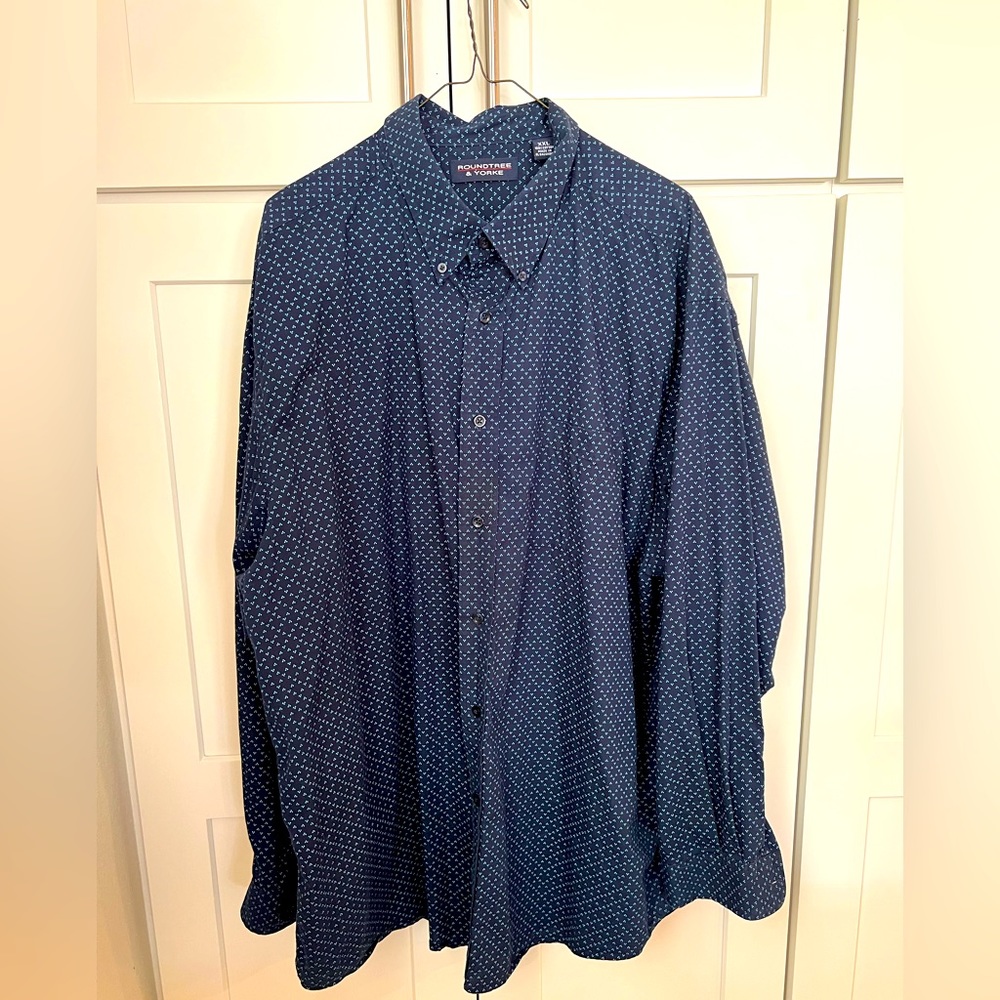 Roundtree & Yorke Mens long sleeve button down, blue pattern, XXL, good cond